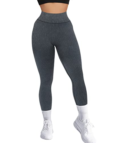 RXRXCOCO High Waist Gerippte Sport Leggings Damen Lang Blickdicht Nahtlose Kompressions Sporthose Gym figurbetonte Laufhose von RXRXCOCO