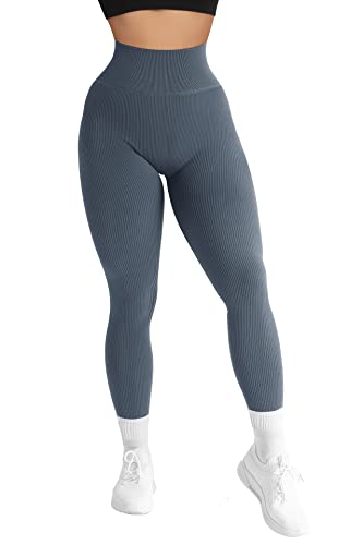 RXRXCOCO High Waist Gerippte Sport Leggings Damen Lang Blickdicht Nahtlose Kompressions Sporthose Gym figurbetonte Laufhose von RXRXCOCO