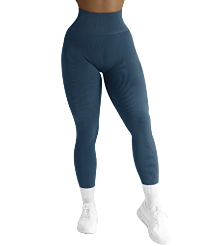 RXRXCOCO High Waist Gerippte Sport Leggings Damen Lang Blickdicht Nahtlose Kompressions Sporthose Gym figurbetonte Laufhose von RXRXCOCO