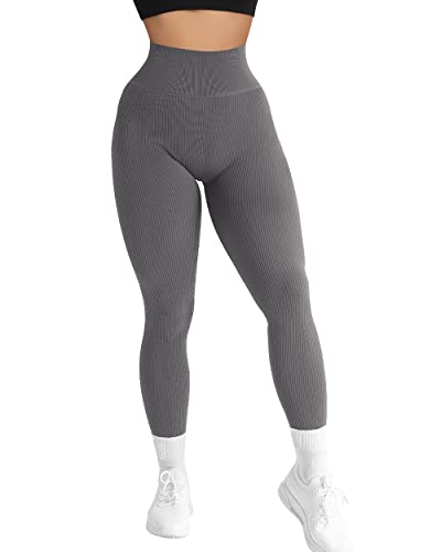 RXRXCOCO High Waist Gerippte Sport Leggings Damen Lang Blickdicht Nahtlose Kompressions Sporthose Gym figurbetonte Laufhose von RXRXCOCO