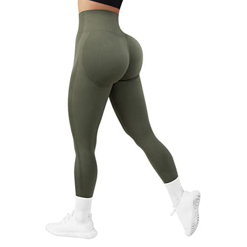 RXRXCOCO High Waist Sport Leggings Damen Lang Blickdicht Push Up Sporthose Scrunch Booty Gym Laufhose #7 Armeegrün（L） von RXRXCOCO