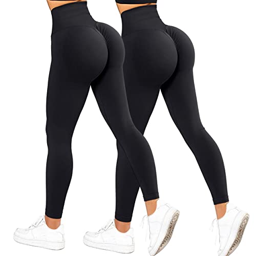 RXRXCOCO High Waist Sport Leggings Damen Lang Blickdicht Push Up Sporthose Scrunch Booty Gym Laufhose Schwarz 2er Pack（L） von RXRXCOCO