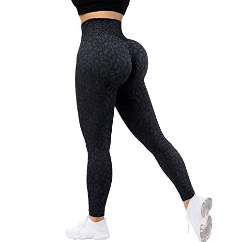 RXRXCOCO High Waist Sport Leggings Damen Lang Blickdicht Push Up Sporthose Scrunch Booty Gym Laufhose #9 Schwarz Leopardenmuster（S） von RXRXCOCO