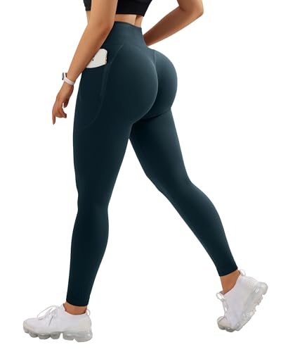 RXRXCOCO Invisible Scrunch Butt Sport Leggings Damen Lang Blickdicht Push Up Sporthose High Waist Gym Laufhose mit Taschen Dunkel Grün L von RXRXCOCO