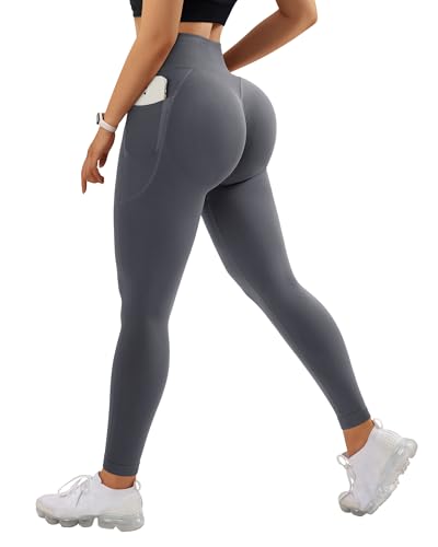 RXRXCOCO Invisible Scrunch Butt Sport Leggings Damen Lang Blickdicht Push Up Sporthose High Waist Gym Laufhose mit Taschen Grau S von RXRXCOCO
