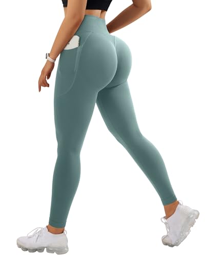 RXRXCOCO Invisible Scrunch Butt Sport Leggings Damen Lang Blickdicht Push Up Sporthose High Waist Gym Laufhose mit Taschen Hell Grün M von RXRXCOCO