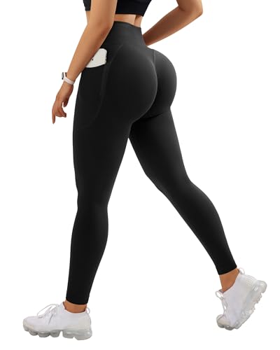 RXRXCOCO Invisible Scrunch Butt Sport Leggings Damen Lang Blickdicht Push Up Sporthose High Waist Gym Laufhose mit Taschen Schwarz S von RXRXCOCO