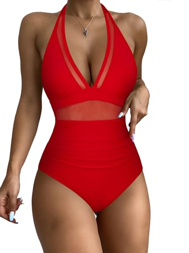 RXRXCOCO Mesh Badeanzug Damen Sexy Bauchweg Push Up Shape Bademode Neckholder Rückenfrei Badeanzug Mit Cups Monokini Swimsuit Rot M von RXRXCOCO