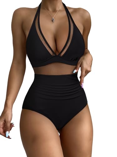 RXRXCOCO Mesh Badeanzug Damen Sexy Bauchweg Push Up Shape Bademode Neckholder Rückenfrei Badeanzug Mit Cups Monokini Swimsuit Schwarz Size L von RXRXCOCO