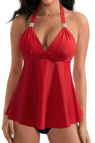 RXRXCOCO Neckholder Rückenfrei V Neck Tankini Damen Bauchweg Ruffle High Waisted Zweiteilig Bademode Rot Schwarz Size M von RXRXCOCO