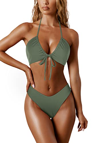 RXRXCOCO Sexy Brazilian Bikini Damen Set Triangel String Oberteil Bikini Set Tanga Bademode Armeegrün Size XL von RXRXCOCO
