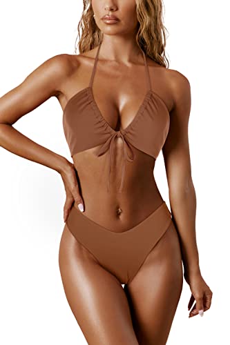 RXRXCOCO Sexy Brazilian Bikini Damen Set Triangel String Oberteil Bikini Set Tanga Bademode Kastanie Size L von RXRXCOCO