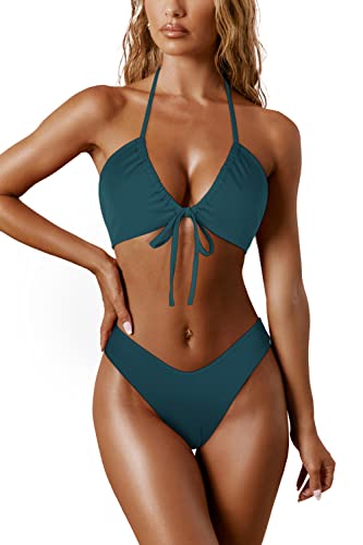 RXRXCOCO Sexy Brazilian Bikini Damen Set Triangel String Oberteil Bikini Set Tanga Bademode Pfauenblau Size XL von RXRXCOCO