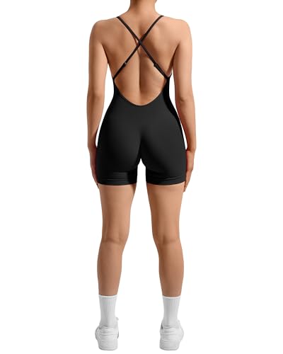 RXRXCOCO Spaghetti Strap Ärmellos Gerippte Push Up Scrunch Booty Jumpsuit Damen Eng Rückenfreie Padded Overall Bauchweg Kurz Yoga Sport Einteiler Romper #2 Schwarz S von RXRXCOCO