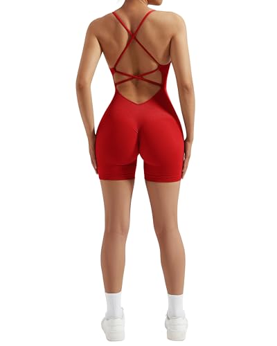 RXRXCOCO Spaghetti Strap Ärmellos Gerippte Push Up Scrunch Booty Jumpsuit Damen Eng Rückenfreie Padded Overall Bauchweg Kurz Yoga Sport Einteiler Romper Rot S von RXRXCOCO