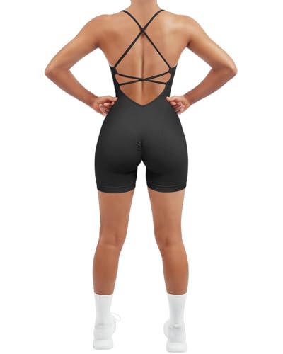 RXRXCOCO Spaghetti Strap Ärmellos Gerippte Push Up Scrunch Booty Jumpsuit Damen Eng Rückenfreie Padded Overall Bauchweg Kurz Yoga Sport Einteiler Romper Schwarz L von RXRXCOCO