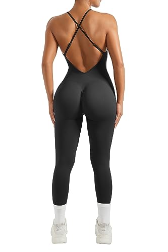 RXRXCOCO Spaghetti Strap Gerippte Ärmellos Jumpsuit Damen Eng Rückenfreie Padded Overall Bauchweg Push Up Scrunch Booty Yoga Sport Einteiler Romper Bodysuit Schwarz L von RXRXCOCO