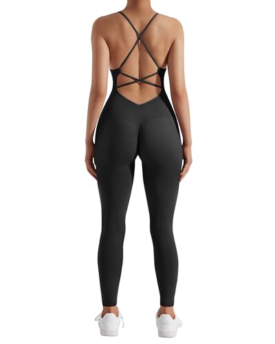 RXRXCOCO Spaghetti Strap Gerippte Jumpsuit Damen Eng Rückenfreie Padded Overall Bauchweg Yoga Sport Einteiler Romper Bodysuit #2 Schwarz L von RXRXCOCO