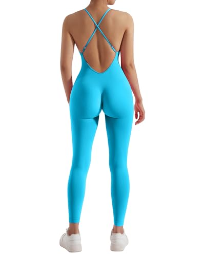 RXRXCOCO Spaghetti Strap Gerippte Jumpsuit Damen Eng Rückenfreie Padded Overall Bauchweg Yoga Sport Einteiler Romper Bodysuit Bernstein Blau L von RXRXCOCO