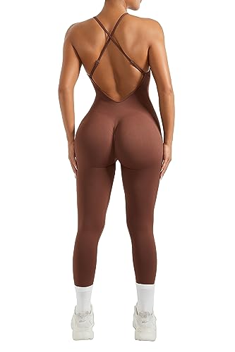 RXRXCOCO Spaghetti Strap Gerippte Jumpsuit Damen Eng Rückenfreie Padded Overall Bauchweg Yoga Sport Einteiler Romper Bodysuit Braun S von RXRXCOCO