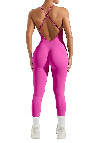 RXRXCOCO Spaghetti Strap Gerippte Jumpsuit Damen Eng Rückenfreie Padded Overall Bauchweg Yoga Sport Einteiler Romper Bodysuit Drachenfrucht L von RXRXCOCO