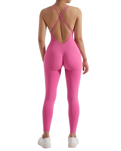 RXRXCOCO Spaghetti Strap Gerippte Jumpsuit Damen Eng Rückenfreie Padded Overall Bauchweg Yoga Sport Einteiler Romper Bodysuit Rose Rosa M von RXRXCOCO