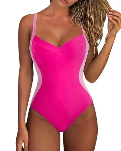 RXRXCOCO V Ausschnitt Badeanzug Damen Bauchweg Push Up Shape Bademode Rückenfrei Badeanzug Mit Cups Swimsuit Rosa Magenta L von RXRXCOCO