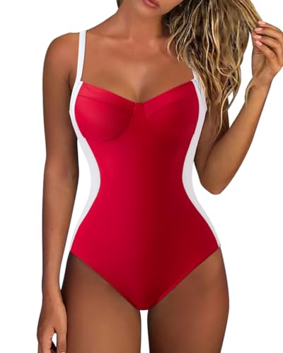RXRXCOCO V Ausschnitt Badeanzug Damen Bauchweg Push Up Shape Bademode Rückenfrei Badeanzug Mit Cups Swimsuit Rot Weiß S von RXRXCOCO