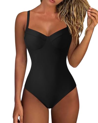 RXRXCOCO V Ausschnitt Badeanzug Damen Bauchweg Push Up Shape Bademode Rückenfrei Badeanzug Mit Cups Swimsuit Schwarz Size L von RXRXCOCO
