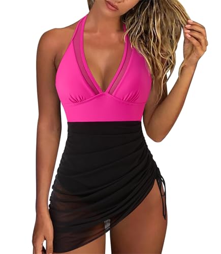 RXRXCOCO V Ausschnitt Push Up Sexy Badeanzug Badekleid Damen Bauchweg Shape Kordelzug Masche Wraps Bademode Neckholder Rückenfrei Badeanzug Swimsuit Rose Rot Schwarz XL von RXRXCOCO