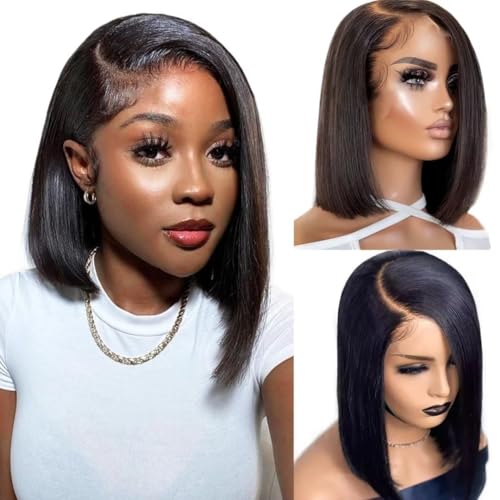RXY 13X4 Bob Straight Wig Echthaar Perücke HD Transparent Lace Front Wigs Human Hair Perücke Damen Echthaar Real Glueless Wig Human Hair 180% Density 10 Zoll von RXY