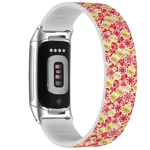 RYANUKA Solo Loop-Armband, kompatibel mit Fitbit Charge 5 / Fitbit Charge 6 (goldfarbenes rotes Papier Schneeflocken), dehnbares Silikonband, Zubehör, Silikon, Kein Edelstein von RYANUKA