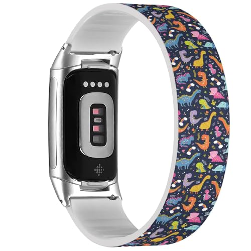 Solo Loop-Armband, kompatibel mit Fitbit Charge 5 / Fitbit Charge 6 (niedliche lustige Kinder-Dinosaurier), dehnbares Silikonband, Zubehör von RYANUKA