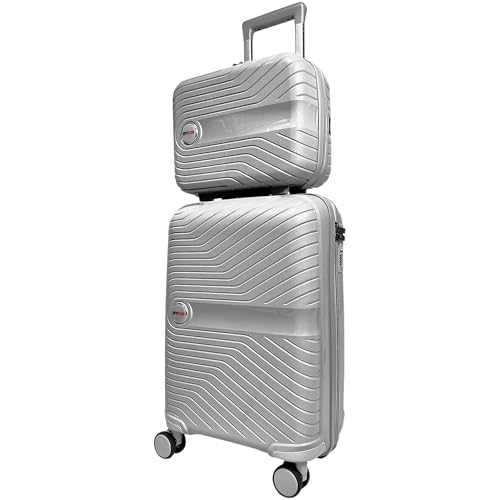 RYDR 2-teiliges leichtes Gepäck-Set Hartschalenkoffer mit Zahlenschloss Spinner Rollen Reisehandgepäck Handgepäck mit Beautycase, grau, Modern von RYDR