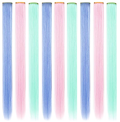 Rhyme 9 PCS Clip in Farbigen Haarverlängerungen für Damen Frauen Regenbogen Haarteile Perücke für Damen Mehrfarbige Party Hightlight Clips (Hellblau Hellrosa Hellgrün) von Rhyme