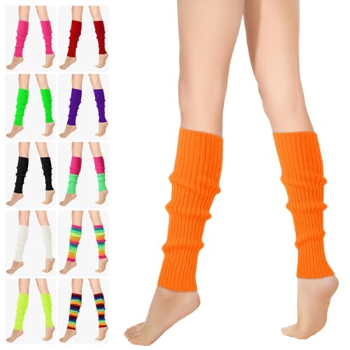 RYMAUP® Stilvolle 80er und 90er Jahre Beinwärmer für Damen, gerippte Beinsocken, trendige Accessoires für Yoga, Laufen, Wandern,fluoreszierendes Orange von RYMAUP