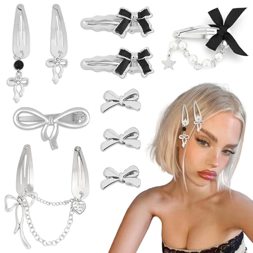 RYMAUP 10 Stück silberne Haarspangen, schwarze Schleifen-Haarspangen, Legierung, Y2K-Haar-Accessoires, Coquette Haarschleifen für Frauen und Mädchen von RYMAUP