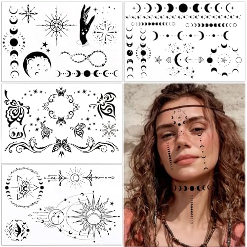 RYMAUP 4 Blätter Schwarze Mondgesichtstattoos wahrsagerin Körper Temporäre Tattoos Wasserfeste Tattoos Mädchen Arm Tattoo für Frauen Karneval Mottoparty Cosplay von RYMAUP