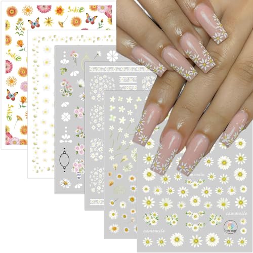RYMAUP 8 Blatt Gänseblümchen-Nagelkunst-Aufkleber, bezaubernde Blumen-Chrysanthemen, 3D-Trenddesign, selbstklebende Nagelkunst-Aufkleber für Frühling und Sommer, DIY-Maniküre-Dekoration von RYMAUP