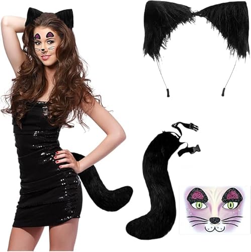 RYMAUP Katzenkostüm Kinder Erwachsene Katzenohren Haarreif Katzenschwanz Katze Gesicht Tattoos Aufkleber Tier Kostüm Set Halloween Karneval Kostüm Cosplay Zubehör für Damen Mädchen von RYMAUP