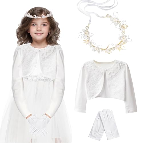 RYMAUP Kommunion Mädchen Bolero Schulterjacke + Kommunion Haarkranz Stirnband + weiße Schleife Handschuhe für Erstkommunion Blumenmädchen Hochzeit, Kommunion Geschenke für Mädchen(130) von RYMAUP