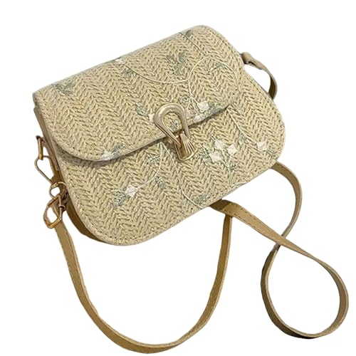 RYRYR Damen Stroh Schultertasche,Damen Strand Crossbody Handgefertigte Taschen,Totes Mode Blume Gewebter Sattel Frauen Niedlich Hand(Khaki) von RYRYR