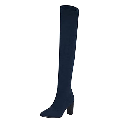 Boots Damen Blau, Klassisch Kniehoch Vintage Blockabsatz Stilettos Stiefel Overknee Gefüttert Wildleder Warme Stiefeletten Langschaftstiefel Rutschfester Hohe Wildleder-Optik Bequeme Schuhe Boots von RYTEJFES