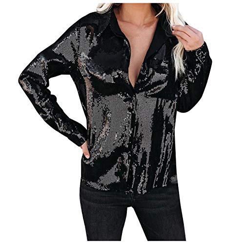 Damen Paillette Hemd Langarm Elegant Bluse Sexy Schwarz Langarmshirt mit V-Ausschnitt Mode Hemdbluse Freizeithemd Glänzend Party Langarmtops Shirt Damenbluse von RYTEJFES