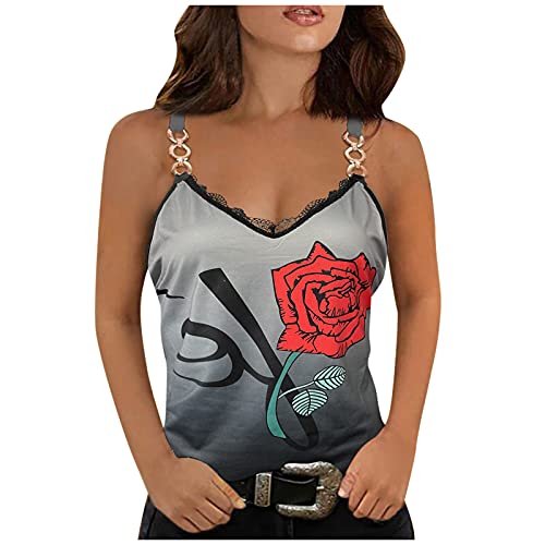 Damen Sexy Tank Top mit Spitze Camisole Oberteile Drucken Slim fit Tank Tops V-Ausschnitt Leibchen Sommer Metall Kettenriemen Vest Tankshirt Ärmellose Lässige Shirt… von RYTEJFES