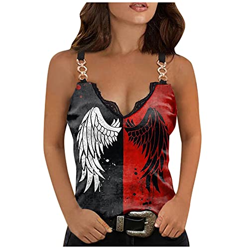 Damen Sexy Tank Top mit Spitze Camisole Oberteile Drucken Slim fit Tank Tops V-Ausschnitt Leibchen Sommer Metall Kettenriemen Vest Tankshirt Ärmellose Lässige Shirt… von RYTEJFES