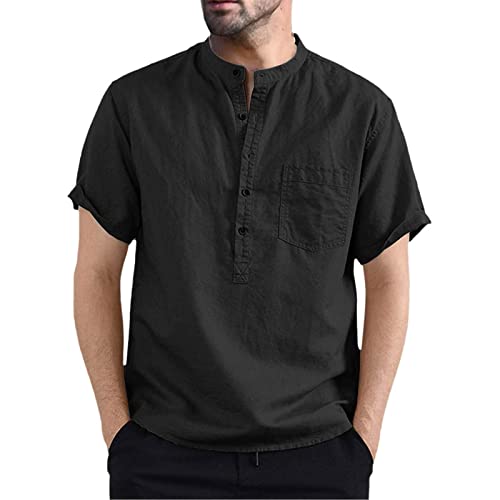 Herren Hemd Kurzarm Leinen Freizeithemd Businesshemd Sommer Baumwolle Weich Kurzarmhemd Stehkragen Knöpfen Strandhemd Casual Slim Fit Henley Shirts Leinenhemd von RYTEJFES