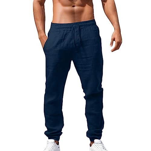 Herren Leinenhose Einfarbiges Lang Leicht Sommerhose Loose Fit Freizeithose mit Kordelzug für Urlaub Strand Alltag, S-5XL von RYTEJFES