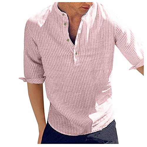 Herren Streifen Hemden Halber Ärmel Leinen Freizeithemd Businesshemd Sommer Baumwolle Weich Kurzarmhemd Stehkragen Knöpfen Sommerhemd Lässig Slim Fit Henley Shirts Leinenshirt von RYTEJFES