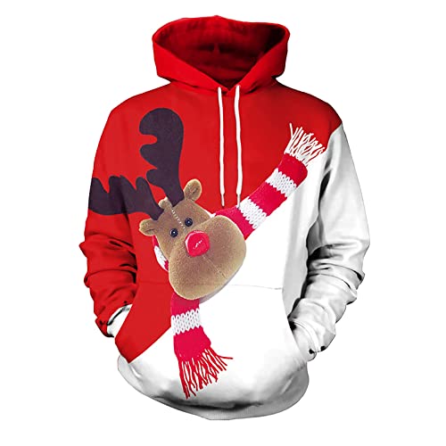 Herren Weihnachtspullover Rentier Lustig 3D Hoodie Sweatshirts Casual Loose Kapuzenpullover Weihnachtspulli Weihnachten Langarm Kordelzug Pullover mit Kapuze Xmas Pulli von RYTEJFES